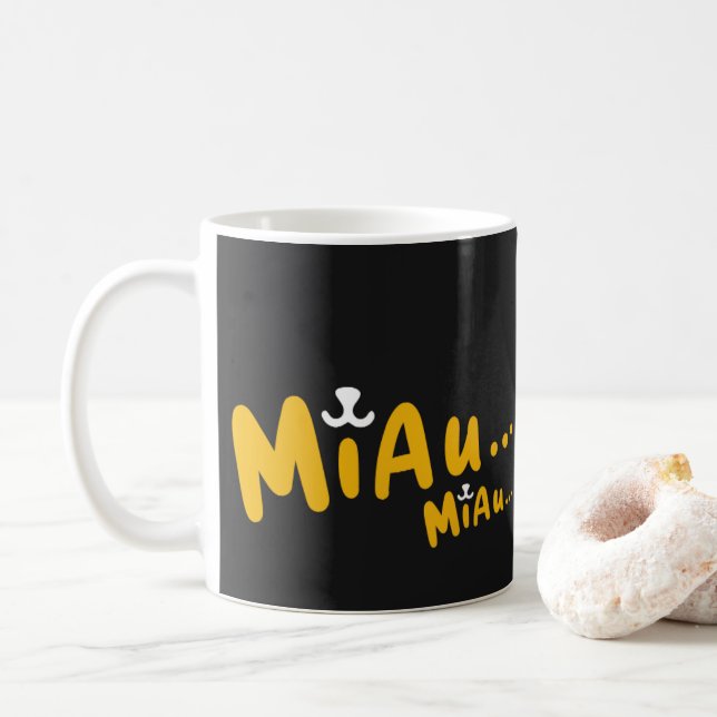Café Caneca com Estampa de Gato - Preto e Amarelo (Com Donut)