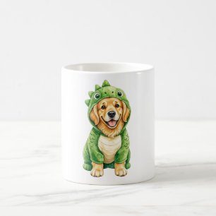 Café Caneca com fantasia de dinossauro do golden retrie