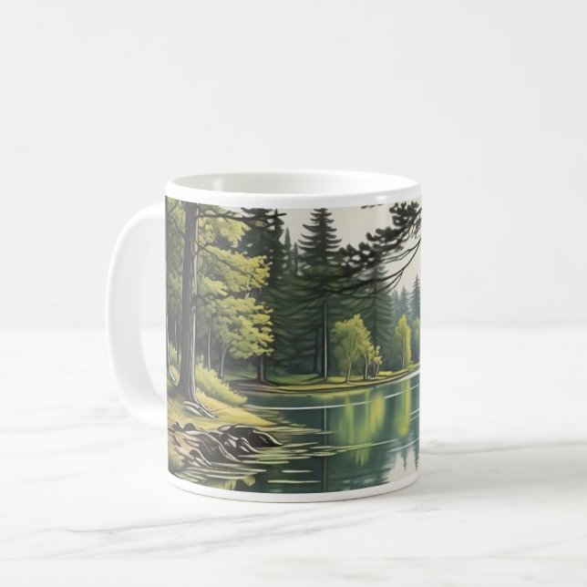 Café Caneca com ilustração de lago e floresta (Frente Esquerda)