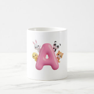 Café Caneca com Letra A de Balão Rosa 3D e Animais da F