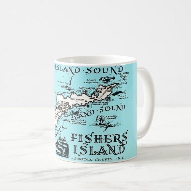 Café Caneca com Mapa Antigo de Fishers Island NY (Frente Esquerda)