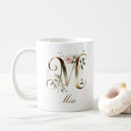 Café Caneca com Monograma de Letra M Floral em Ouro Ele