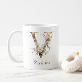 Café Caneca com Monograma de Letra V Floral em Ouro Ele
