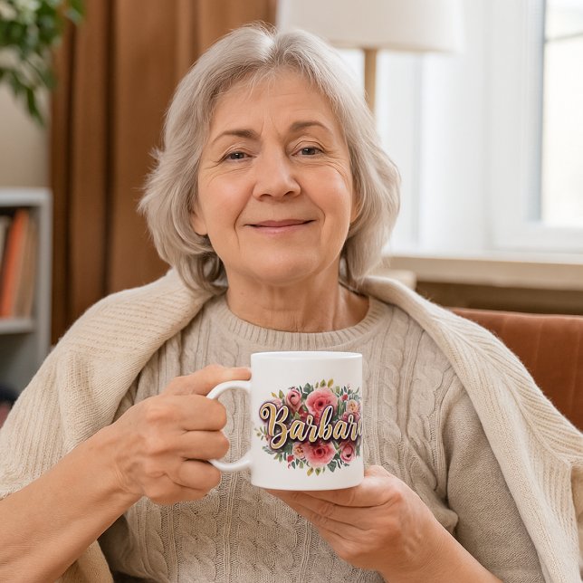 Café Caneca com Nome Floral Barbara – Flores de Peônia  (Criador carregado)