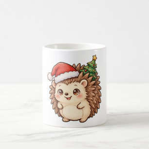 Café Caneca com ouriço fofo, chapéu de Papai Noel e árv