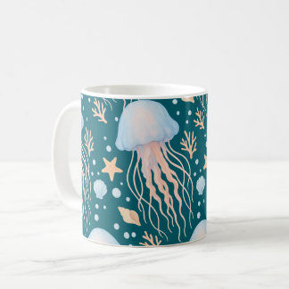 Café Caneca com Padrão de Água-viva e Elementos do Ocea