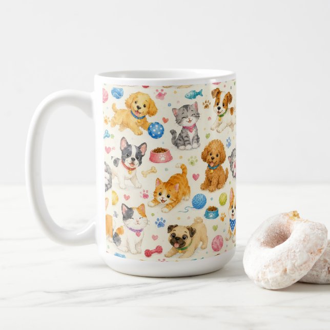 Café Caneca com Padrão de Animais de Estimação Divertid (Com Donut)