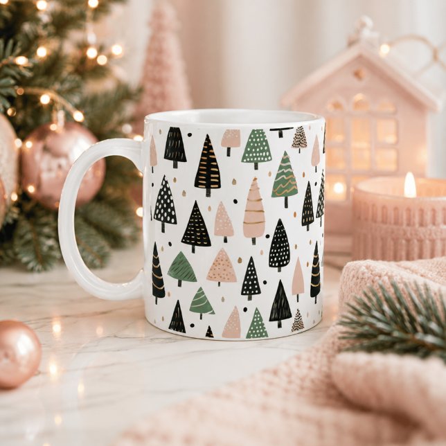 Café Caneca com Padrão de Árvore de Natal Rosa Moderna (Criador carregado)