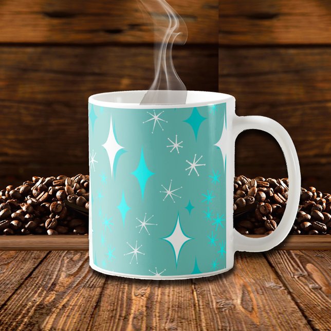 Café Caneca com Padrão de Estrela em Verde-Azul e Branc (Teal Retro Stars Coffee Mug)