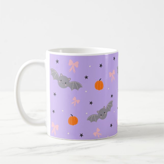 Café Caneca com padrão de morcego roxo de Halloween fof (Esquerda)