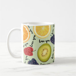Café Caneca com padrão vibrante de frutas e 'Amo Você'