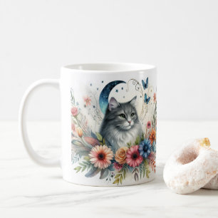 Café Caneca com retrato de gato cinza bonito com flores