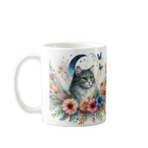 Caneca com retrato de gato cinza bonito com flores