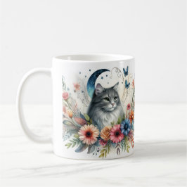 Café Caneca com retrato de gato cinza bonito com flores