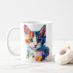 Café Caneca com Rosto de Gato Fofo em Cores Vibrantes -