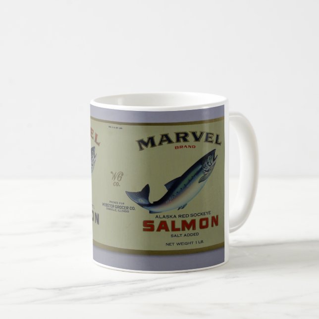 Café caneca com rótulo de salmão sockeye do Alaska da m (Frente Esquerda)
