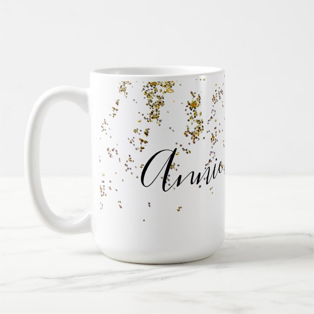 Café caneca combo branca de 15 oz com seu nome e brilho (Esquerda)