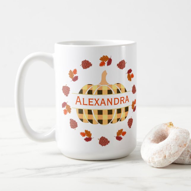 Café Caneca Combo de Abóbora Xadrez e Folhas de Outono (Com Donut)