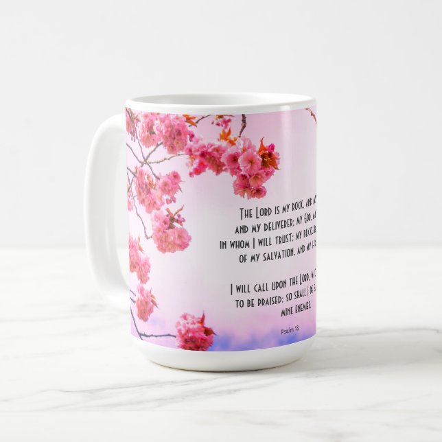 Café Caneca cristã com escrituras e flor de cereja (Frente Esquerda)