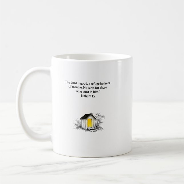Café Caneca cristã com versículo bíblico de Naum 1:7 (Esquerda)