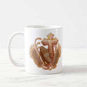 Café caneca Cruz mãos de oração cristã