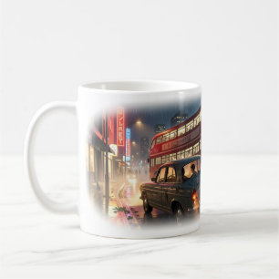 Café Caneca da Cidade Noturna Chuvosa com Ônibus de Doi