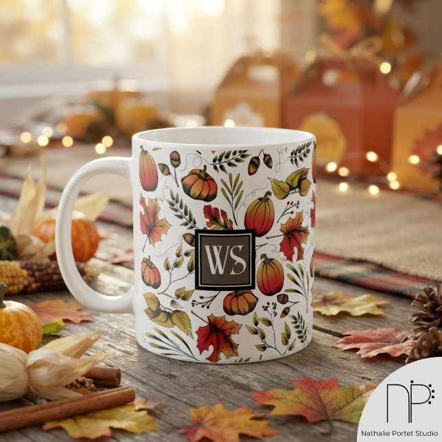Café Caneca de Abóbora com Monograma da Colheita de Out (This autumn harvest mug features hand-drawn pumpkins and leaves for seasonal fall coffee drinking.)