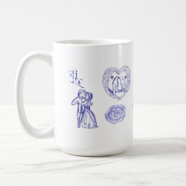 Café Caneca de amor com película e pássaros beijando il (Esquerda)