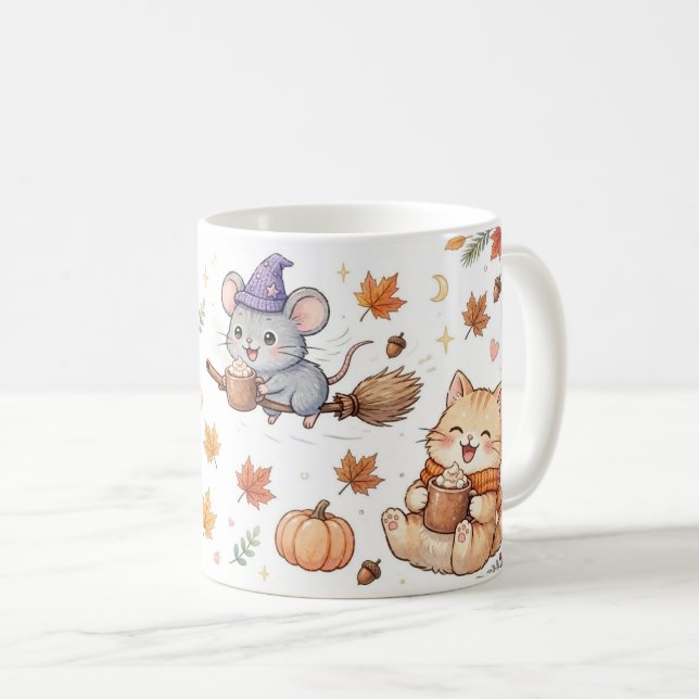 Café Caneca de Animais Feiticeiros de Halloween Fofos (Frente Esquerda)