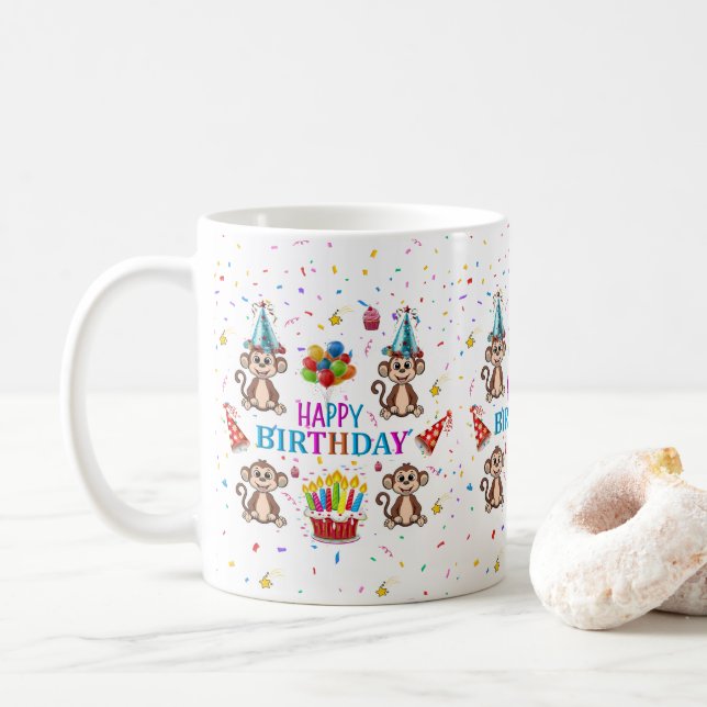 Café Caneca de Aniversário Feliz Cupcake de Macaco  (Com Donut)