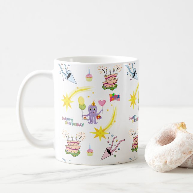Café Caneca de Aniversário Feliz Cupcake de Polvo Roxo  (Com Donut)