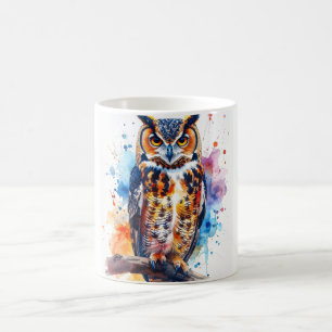 Café Caneca de Aquarela da Coruja Sábia para Amantes da
