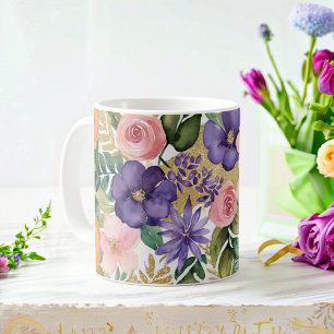 Café Caneca de Aquarela Floral com Acentos Dourados