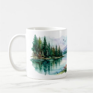 Café Caneca de Arte com Canoa no Lago do Monte Rainier