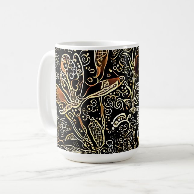 Café Caneca de Arte com Design Floral Preto e Dourado (Frente Esquerda)