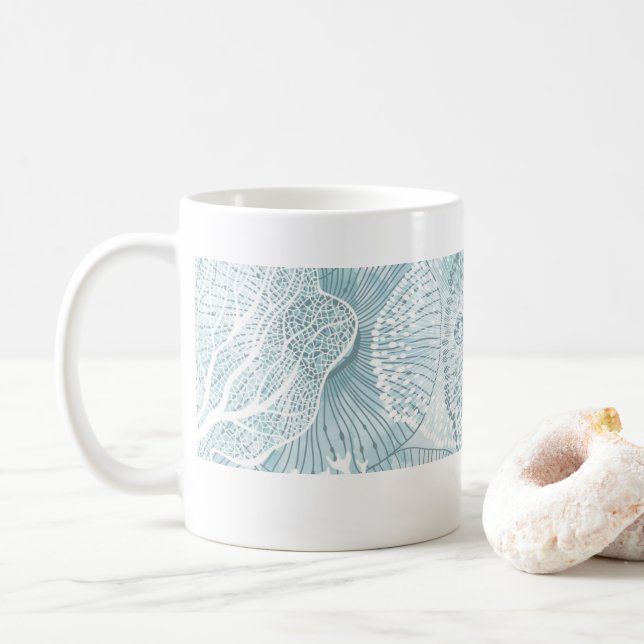 Café Caneca de Arte com Linha de Vida Marinha Abstrata  (Com Donut)