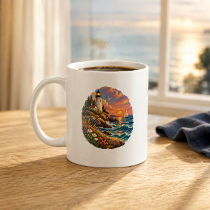 Café Caneca de arte de farol costeiro ao pôr do sol