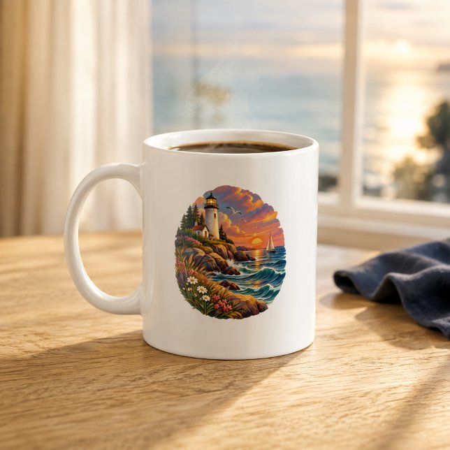 Café Caneca de arte de farol costeiro ao pôr do sol (Criador carregado)