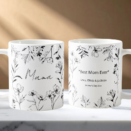 Café Caneca de Arte de Linha Floral Preta e Branca com 