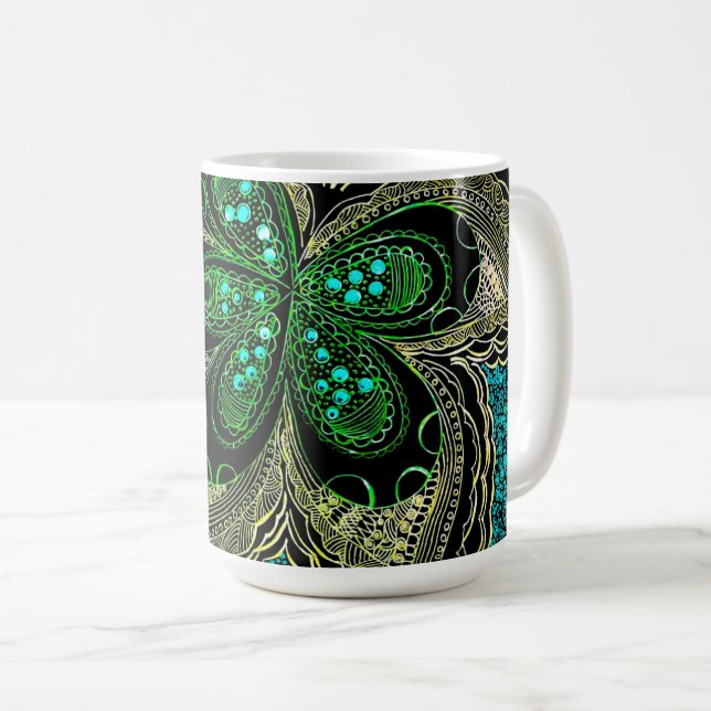 Café Caneca de Arte Decorativa Flor de Mandala Esmerald (Frente Esquerda)