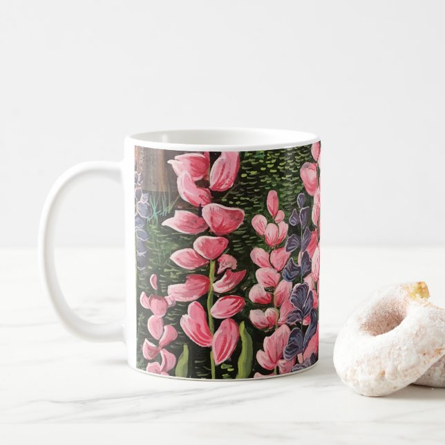 Café Caneca de Arte Original de Flores Silvestres (Com Donut)