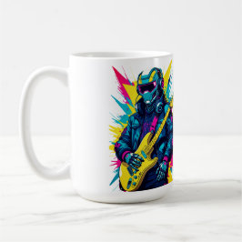 Café Caneca de Arte Synthwave Guitarrista Robô Cyberpun