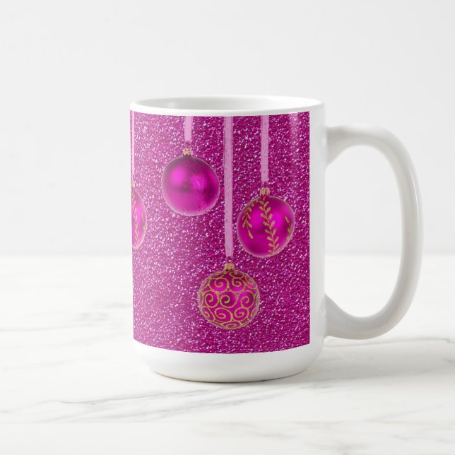 Café Caneca de Bolas de Natal Brilhantes Rosa Vibrante  (Direita)