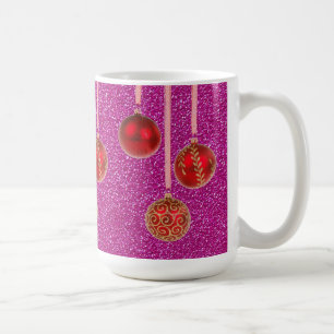 Café Caneca de Bolas de Natal Brilho Rosa Vermelho Feli