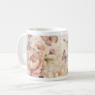 Café Caneca de borboleta e floral em aquarela