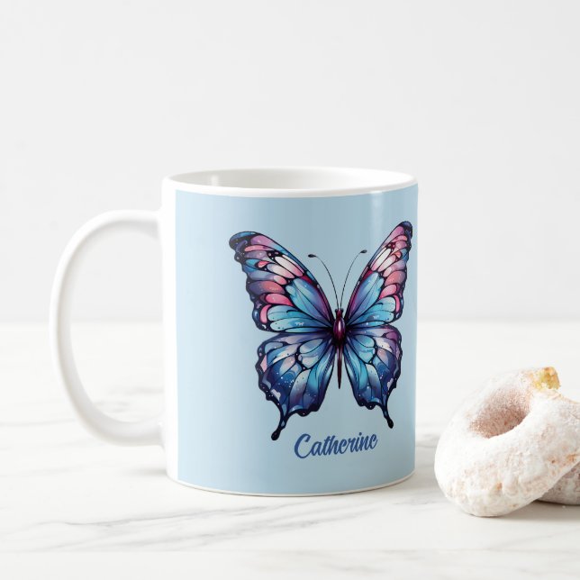 Café Caneca de borboleta rosa e azul (Com Donut)