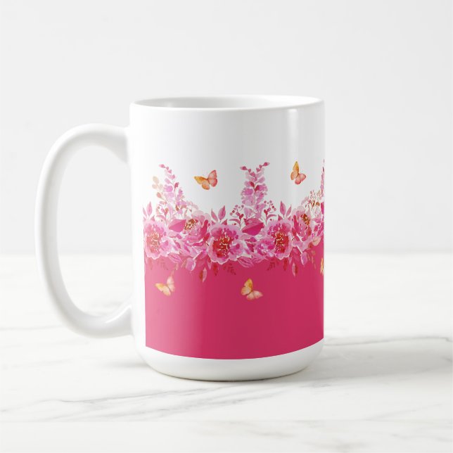 Café Caneca de Borboletas Botânicas Rosa (Esquerda)