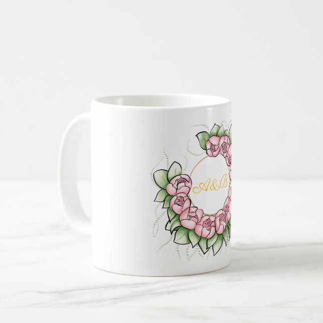 Café Caneca de Casamento com Grinalda de Peônia Minimal (Frente Esquerda)