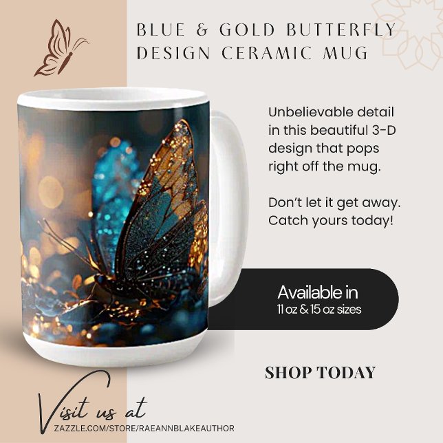 Café Caneca de Cerâmica com Design de Borboleta Azul e  (Criador carregado)