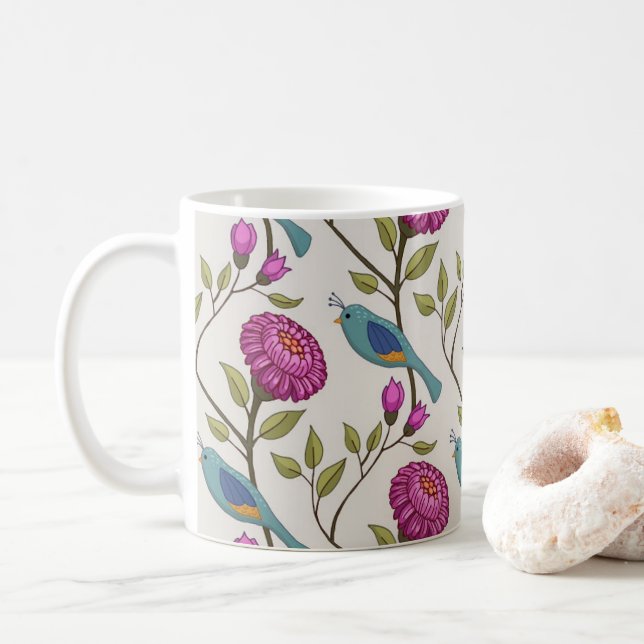 Café Caneca de cerâmica com estampa de pássaro e flor (Com Donut)